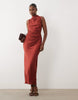 Pleated Gathered Bodice Satin Maxi Dress With High Neck In Terracotta