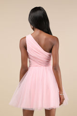 Exceptional Moments Light Pink Swiss Dot One-Shoulder Mini Dress