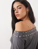 Motel Studded Off Shoulder Mini Dress In Grey