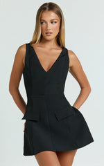 Zareena Mini Dress - V Neck Structured Tulip Pocket Detail Dress in Black