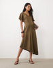 V Neck Satin Midi Tea Dress In Olive