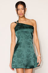 Yvonne Emerald Jacquard Satin One-Shoulder Mini Dress