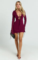 Alesya Mini Dress - Ruffle Plunge Neck Long Sleeve Tie Detail Dress in Wine