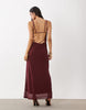 Mesh Slash Neck Gathered Detail Maxi Dress In Burgundy