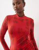 Bardot Mesh High Neck Twist Detail Side Split Maxi Dress In Red Floral Print