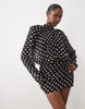 Noughts & Kisses Chiffon High Neck Shoulder Pad Blouson Mini Dress In Black Polka Dot