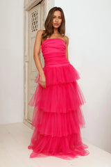 123 PROM Hidden Opal Strapless Tulle Maxi Dress Hot Pink