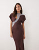 Lace Applique Grown On Sleeve Bias Cut Satin Midi Dress In Plum