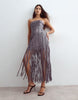 Arrange Beaded Linear Fringe Hem Bandeau Midi Dress In Charcoal