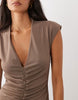Ruched Waist Deep V Maxi Dress In Mocha