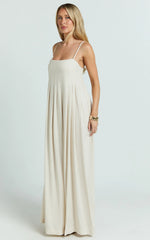 Yanna Midi Dress - Square Neckline Pleated Dress in Beige