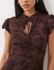 New Look Flocked Keyhole Detail Mandarin Collar Mini Dress In Dark Brown
