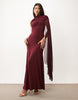 Mesh Overlay Cape Maxi Dress With Godets In Burgundy