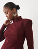 Bardot High Neck Shoulder Pad Front Pocket Detail Mini Dress In Burgundy