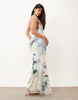 Printed Halter Maxi Dress With Draped Sash Detail In Blue Floral
