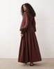 Shirred Poplin Maxi Dress In Burgundy Check