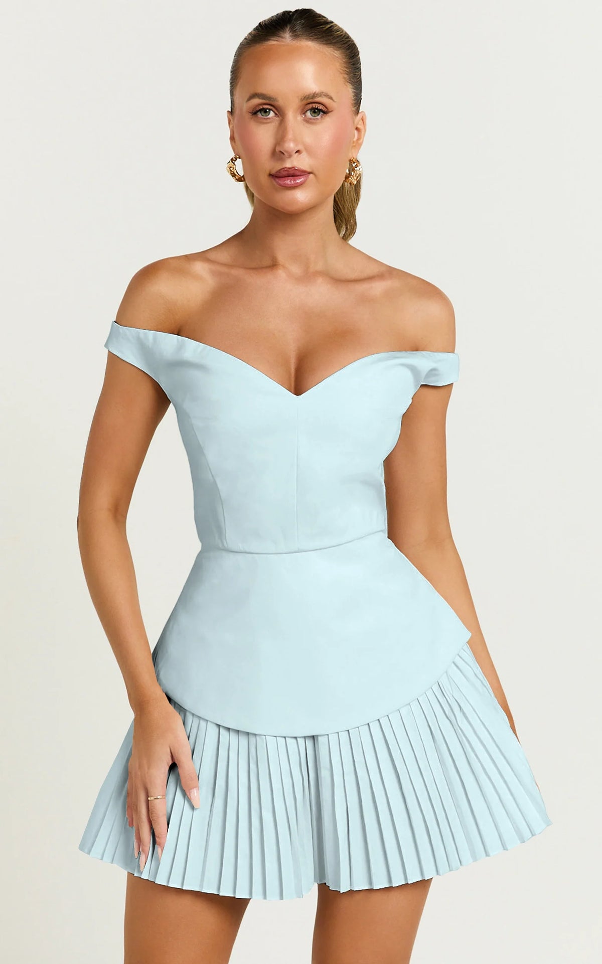 Izara Mini Dress - Off Shoulder Pleated Dress in Blue