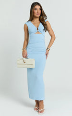 Lucy Midi Dress - Neck Fitted Skirt Dress in Blue