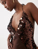 Bardot Sequin Cami Halter Neck Open Back Split Detail Maxi Dress In Chocolate