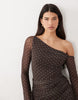 Printed Mesh Off Shoulder Mini Dress With Angel Sleeve In Spot Print