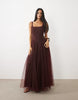 Lace & Beads Tulle Drop Hem Corset Maxi Gown In Chocolate