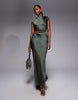 Cap Sleeve Satin Midi Dress With Sheer Chiffon Panels In Khaki