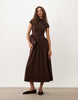 Cap Sleeve With Mandarin Collar And Dropped Waist Midi Dress Brown