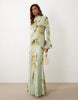 Printed Mesh Maxi Dress With Overlay Draped Neckline Detail In Green Blurred Floral