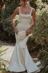 ivory satin button back bridal gown