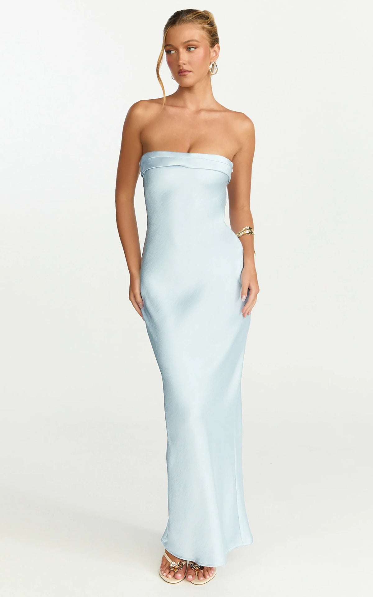 Zaya Midi Dress - Strapless Satin Slip Dress in Pale Blue