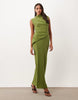 Shoulder Pad Column Maxi Dress With Cut Out Side In Olive Green