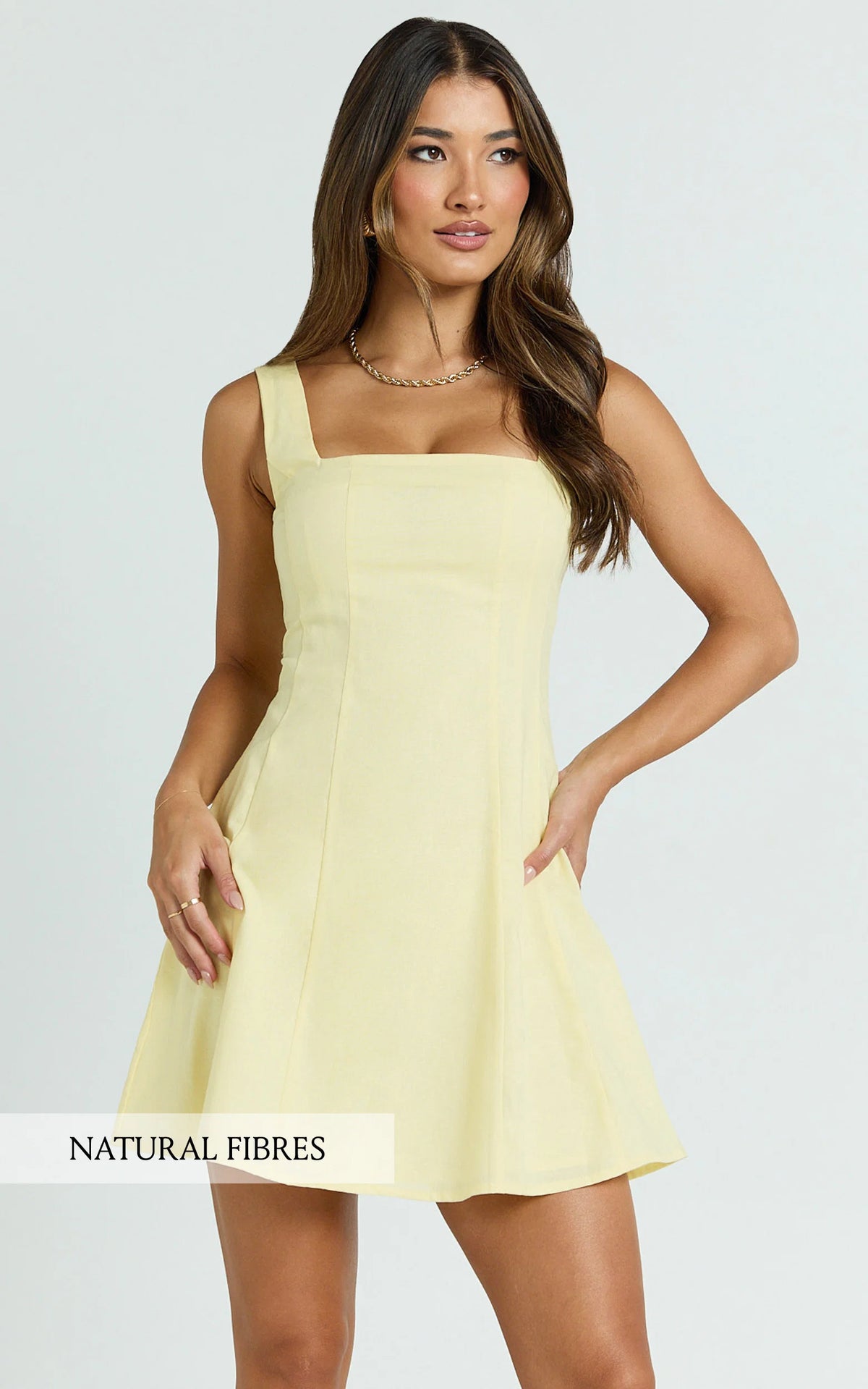 Adiana Mini Dress - Linen Square Neck Shirred Back A Line Dress in Lemon