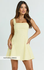 Adiana Mini Dress - Linen Square Neck Shirred Back A Line Dress in Lemon