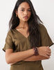 V Neck Satin Midi Tea Dress In Olive