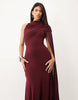 Mesh Overlay Cape Maxi Dress With Godets In Burgundy