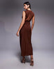 Satin High Neck Pleated Bodice Midi Dress In Brown