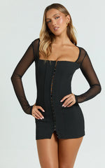 Alaya Mini Dress - Sheer Long Sleeve Hook and Eye Dress in Black