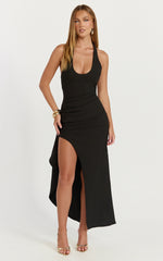 Lani Midi Dress - Scooped Neckline Draped Skirt Halter Dress in Black