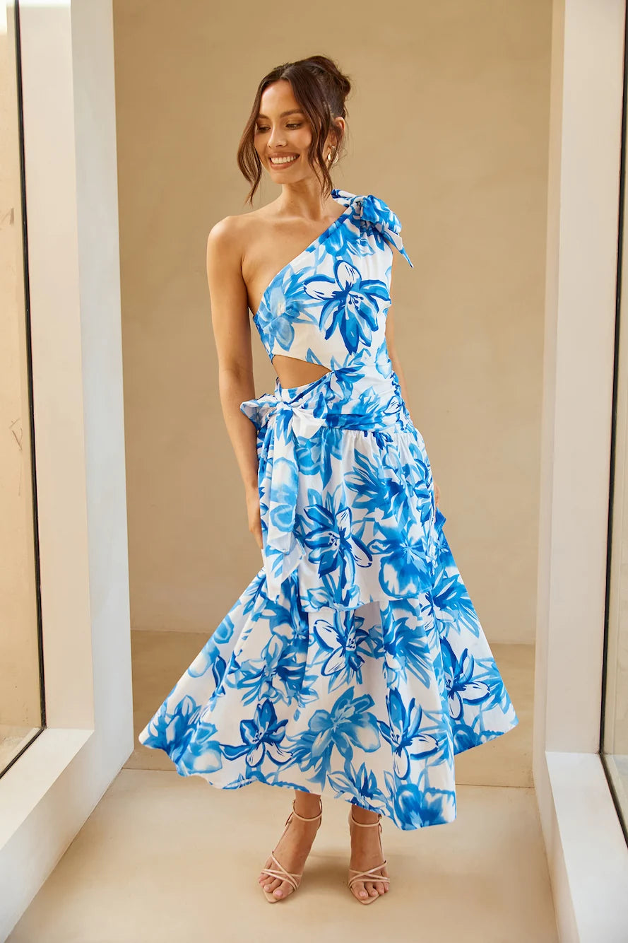 Vibrance Lover One Shoulder Midi Dress Blue