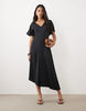 V Neck Satin Midi Tea Dress In Black