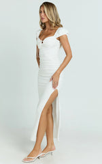 Farrow Midi Dress - Cap Sleeve Ruched Bust Fitted Dress in Off White