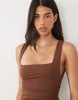 Oh Polly Modal Square Neck Ruched Bodycon Mini Dress In Chocolate