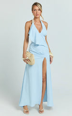 Faye Maxi Dress - Halter Neck Chain Detail Front Draped Leg Split Dress in Blue