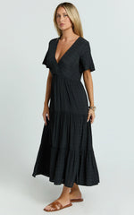 Cryzel Midi Dress - Flutter Sleeve Tiered Dress in Black