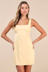Truly the Cutest Light Yellow Satin Square Neck Mini Dress