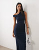 Vesper Bengaline Asymmetric Off Shoulder Ruched Front Maxi Dresss In Navy