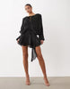 Lioness Elements High Sheen Chiffon Drape Detail Balloon Sleeve Tie Waist Mini Dress In Black