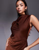 Satin High Neck Pleated Bodice Midi Dress In Brown