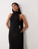 Crepe Scarf Detail With Plunge Back In Black In Scuba-Style Fabric