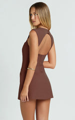Sakura Mini Dress - Square Neck Wide Strap A Line Skirt Dress in Chocolate